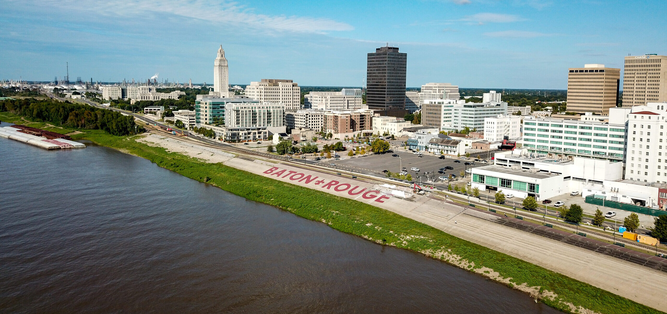 Downtown Baton Rouge buildings next to the Mississippi River