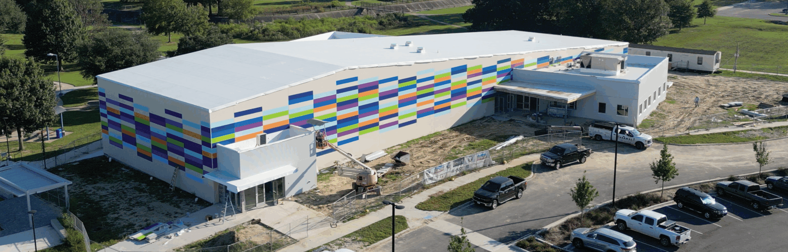Aerial view as the Inspiration Center nears completion.