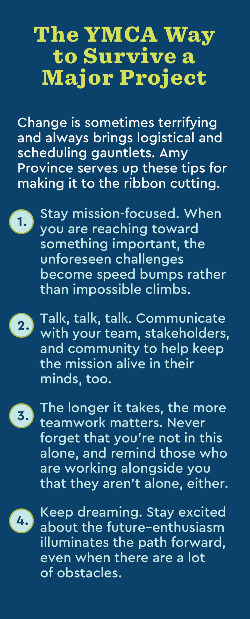 graphic explaining the YMCA's way to survive a major project